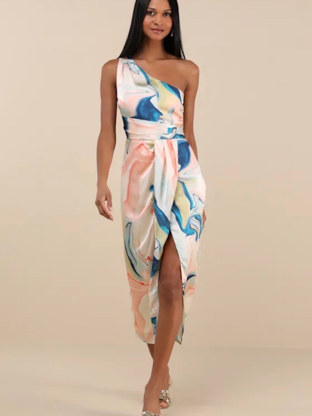 Lulu's One-Shoulder Marble-Print Midi Dress in Blue, Peach & Cream